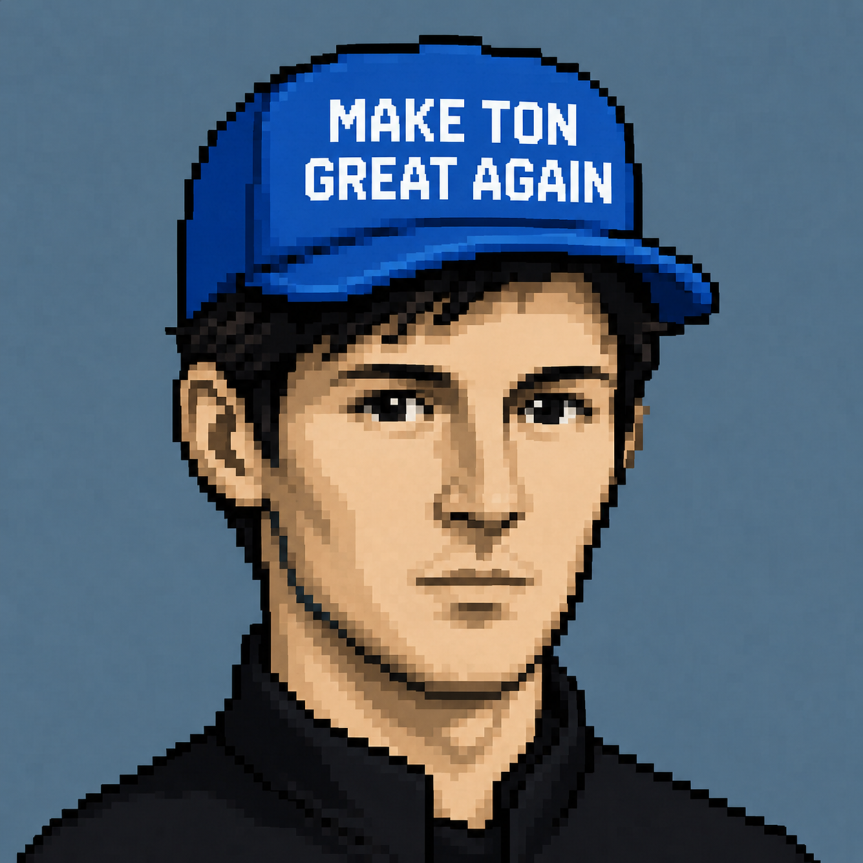 Pixel portrait of Pavel Durov wearing a Make TON Great Again cap